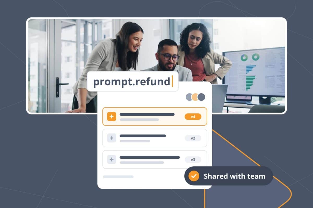 Team reviewing a laptop beside a shared prompt library inside a prompt management tool