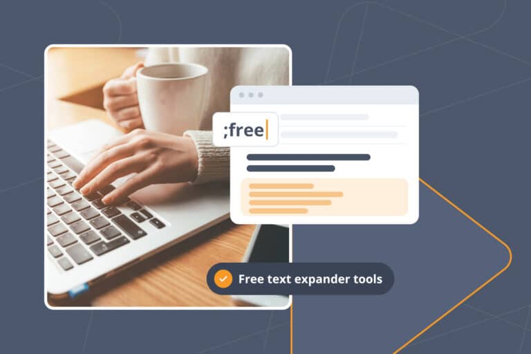 Hands typing on a laptop beside a coffee mug and phone, with a ;free Snippet and free text expander tools in a pill
