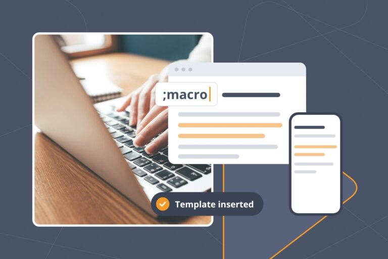 Hands typing on a laptop beside a phone as the ;macro Snippet inserts a saved template, an example of the best macro software.