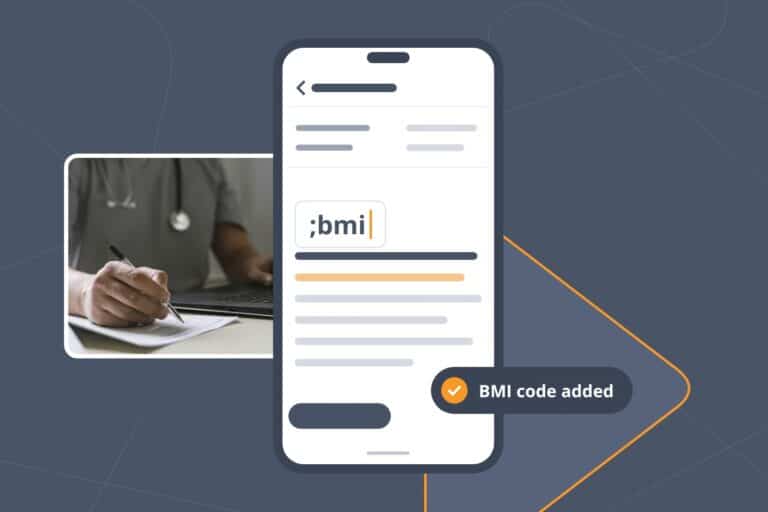 Nurse writing notes beside a phone EHR note where the ;bmi Snippet inserts one of the BMI ICD-10 codes.