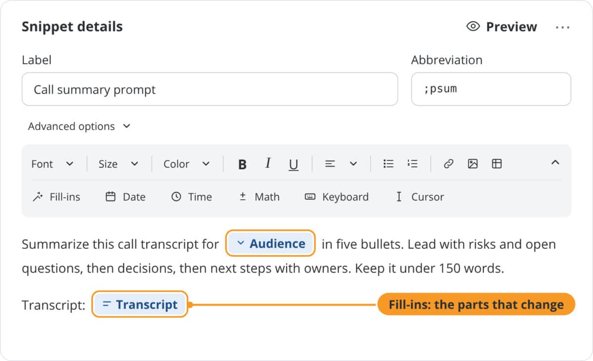 A saved ChatGPT prompt in the TextExpander Snippet editor with fill-in fields for audience and transcript.