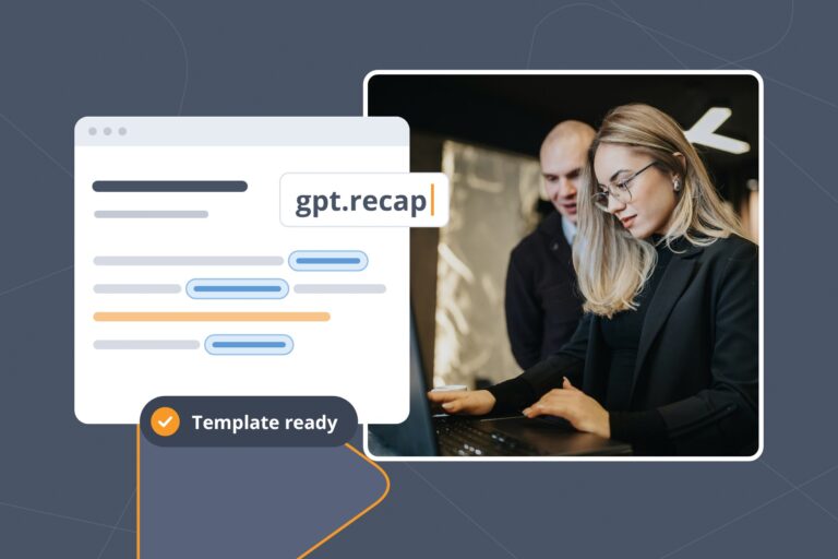 Woman typing as a coworker looks on, next to ChatGPT prompt templates with placeholder fields for the team.