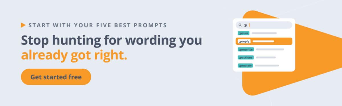 Banner reading "Stop hunting for wording you already got right" with a Get started free button.