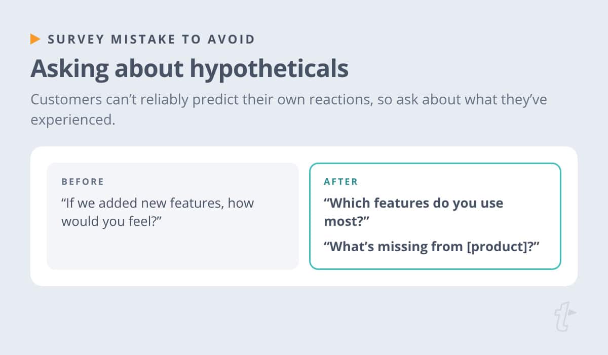 Before-and-after example replacing a hypothetical question with questions about the features customers use