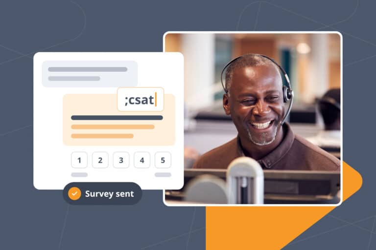 Smiling support agent wearing a headset next to a help desk reply, where the ;csat abbreviation expands into a customer satisfaction survey invitation with a 1 to 5 rating scale