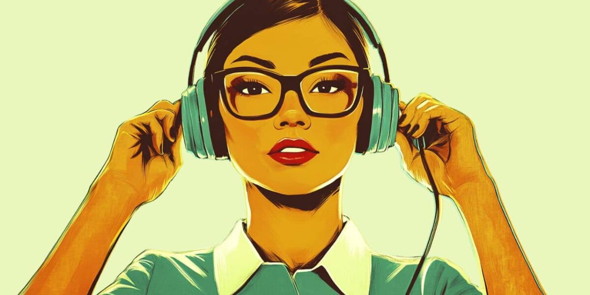 Illustration of a customer service agent in glasses adjusting her headset