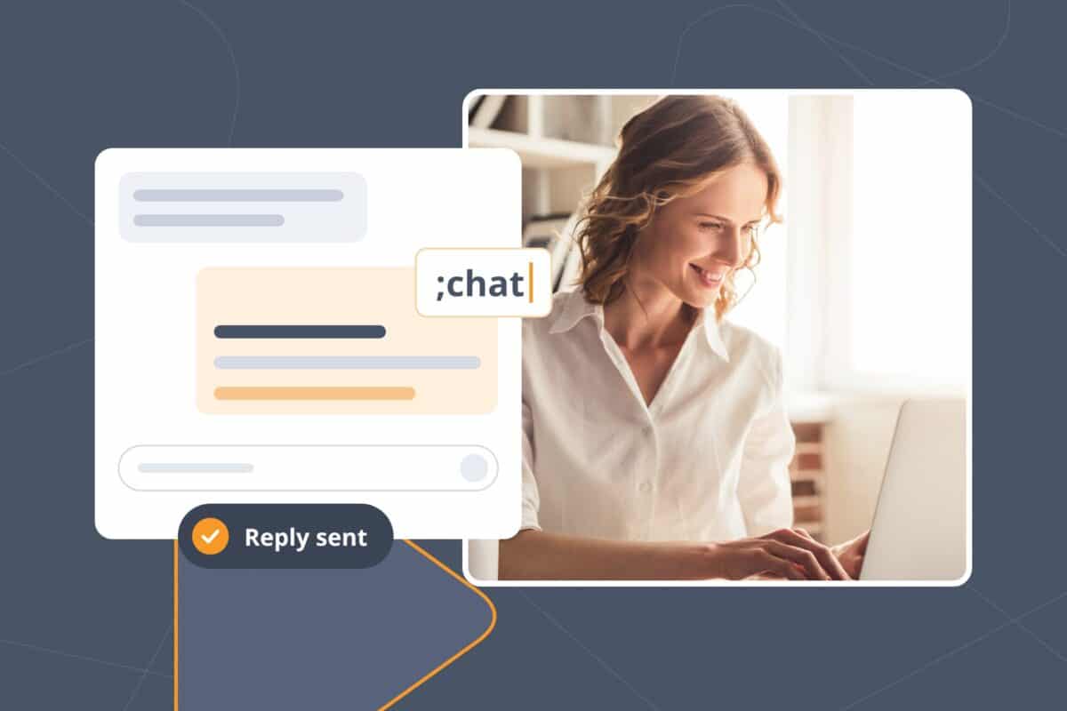Customer service live chat scripts in use: a support agent at her laptop inserts a chat reply with the ;chat Snippet.