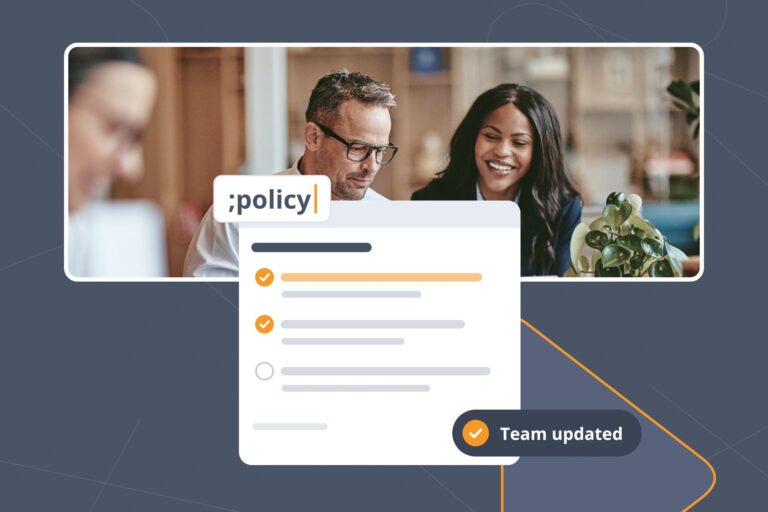 Two colleagues at a laptop beside a shared reply library for customer service operations, updated with the ;policy Snippet.