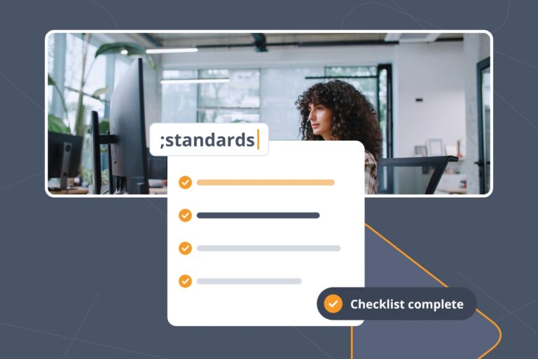Employee in an open-plan office beside a customer service standards checklist completed with the ;standards Snippet.
