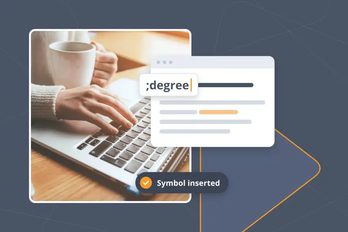 Hands typing the degree symbol on a keyboard with a TextExpander Snippet that inserts it into a document.