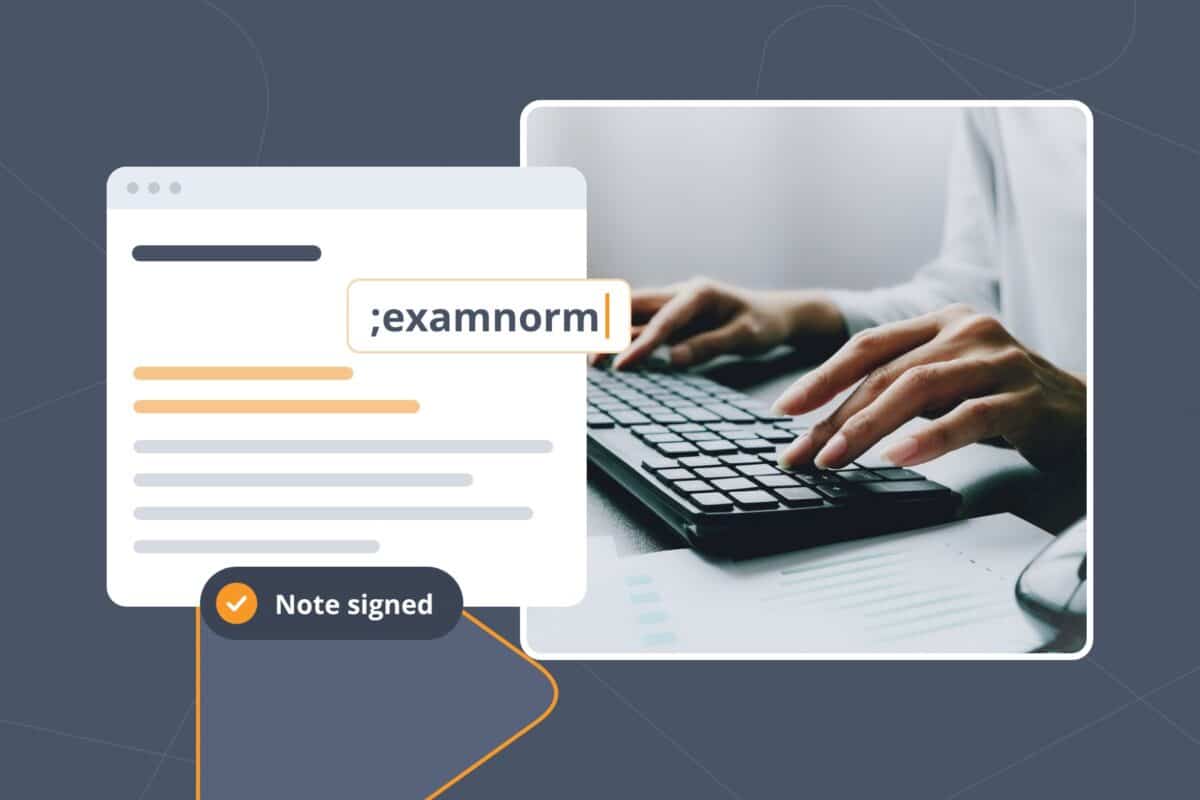 Hands at a desktop keyboard beside a visit note where ;examnorm inserts an exam finding, an eClinicalWorks shortcuts tip.