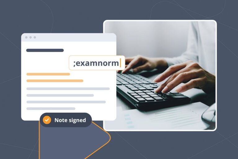 Hands at a desktop keyboard beside a visit note where ;examnorm inserts an exam finding, an eClinicalWorks shortcuts tip.