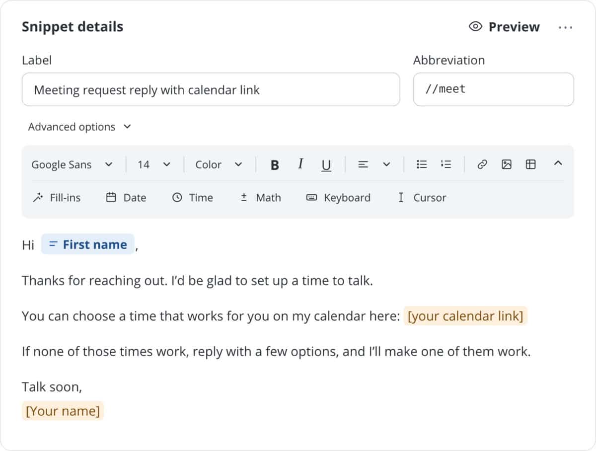 An example of a //meet Snippet in the Snippet editor, a meeting reply with a First name Fill-in and calendar link