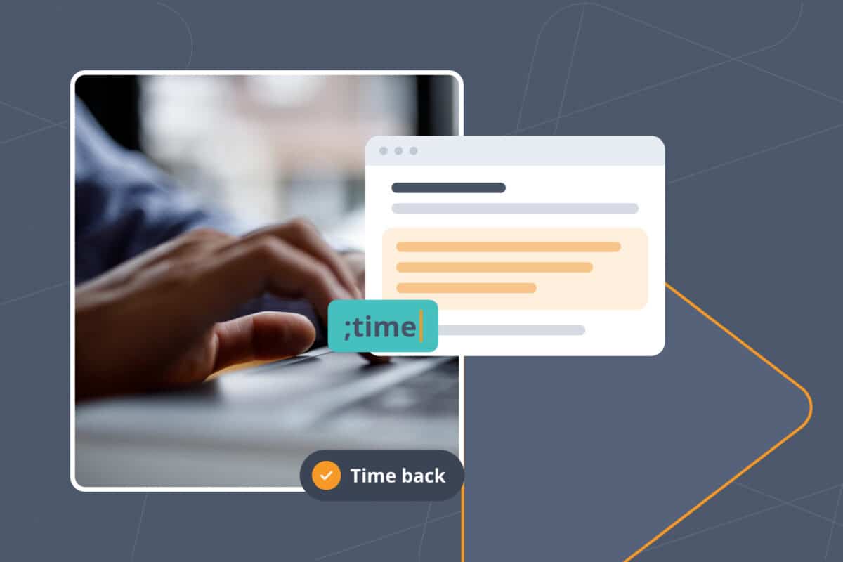 Hands at a laptop inserting a client email with the ;time Snippet, beside a Time back pill