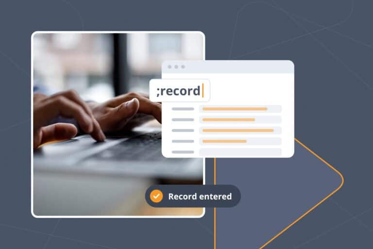 Person at a laptop typing the ;record Snippet, which fills a customer record form with standard details.