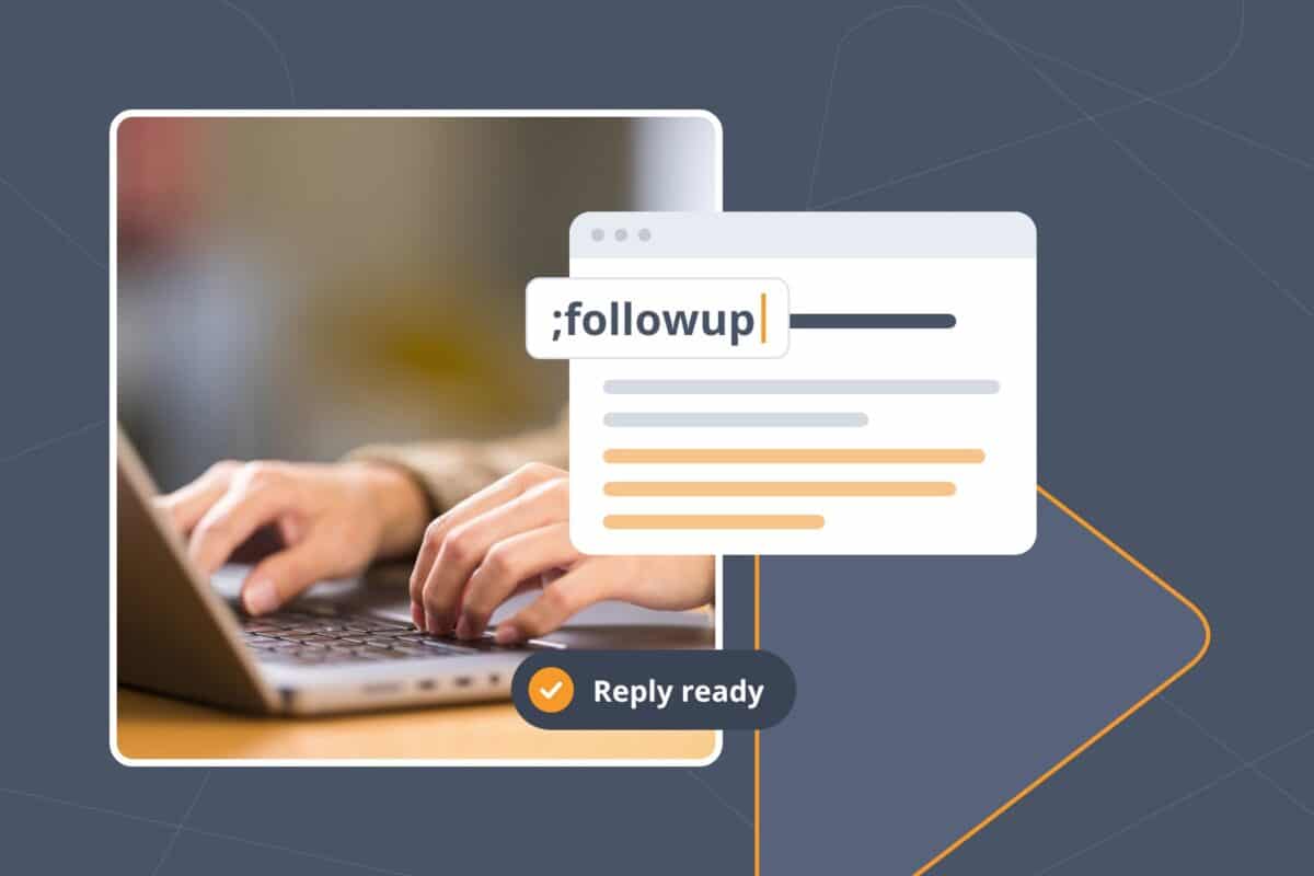 Hands on a laptop keyboard beside an email draft, showing how to increase typing speed with the ;followup Snippet.