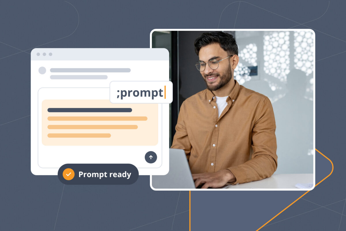 Person typing at a laptop while the ;prompt Snippet expands into a full saved prompt in an AI chat window