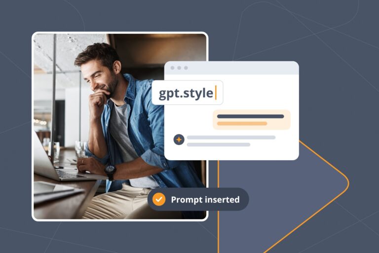 Man smiling at his laptop as a gpt.style Snippet inserts a saved prompt, showing how to use ChatGPT with TextExpander.