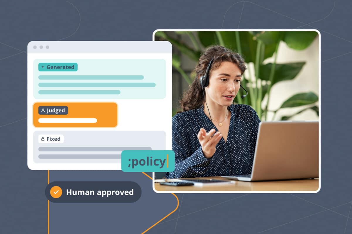 Human in the loop AI workflow: an AI-drafted customer reply split into Generated, Judged, and Fixed zones beside a support agent
