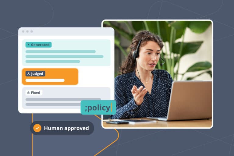 Human in the loop AI workflow: an AI-drafted customer reply split into Generated, Judged, and Fixed zones beside a support agent