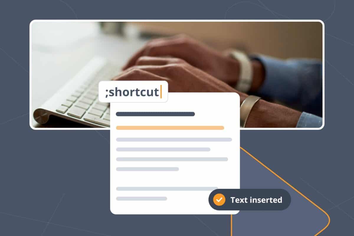Hands on a Mac keyboard beside a note where the ;shortcut Snippet inserts text, a Karabiner-Elements alternative.