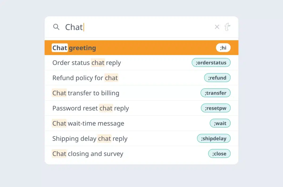 TextExpander Snippet search with “chat” typed in the search bar, showing eight saved chat replies, including a chat greeting, order status reply, refund policy, and wait-time message, each with its abbreviation.
