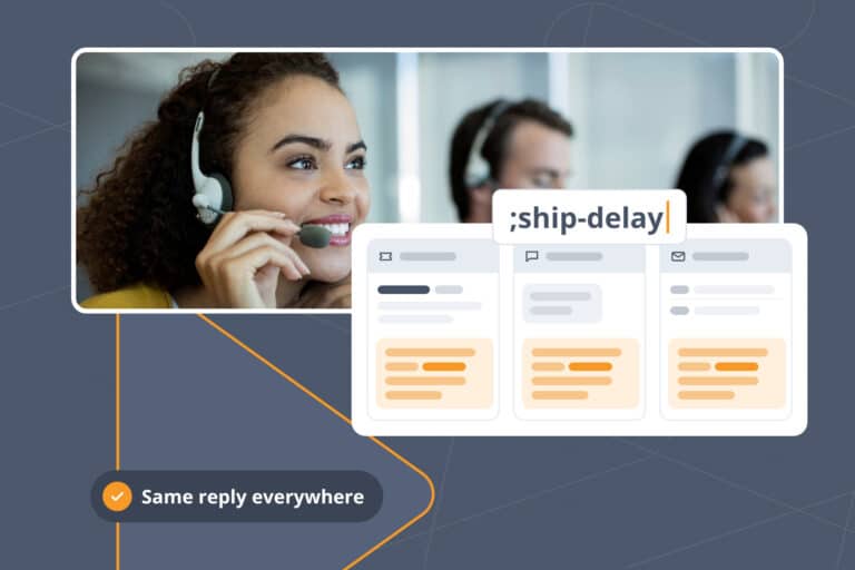 Support agent on a headset beside a help desk ticket, chat window, and email draft that all show the same saved reply