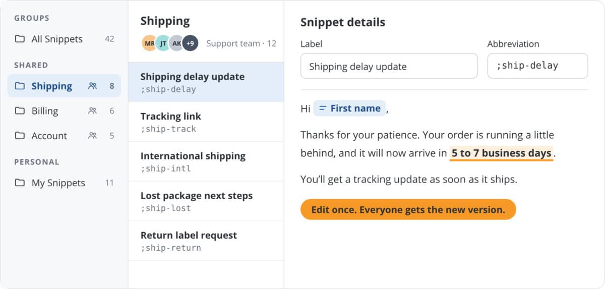 TextExpander with a shared Shipping Snippet Group open and the ;ship-delay Snippet's updated delivery time highlighted