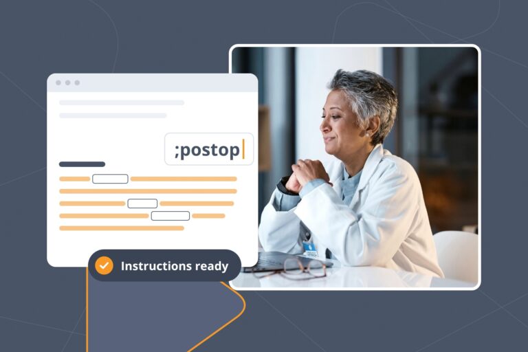 Physician in a white coat smiling at her laptop beside a patient message where the ;postop Snippet adds post-operative care instructions with fill-in fields.