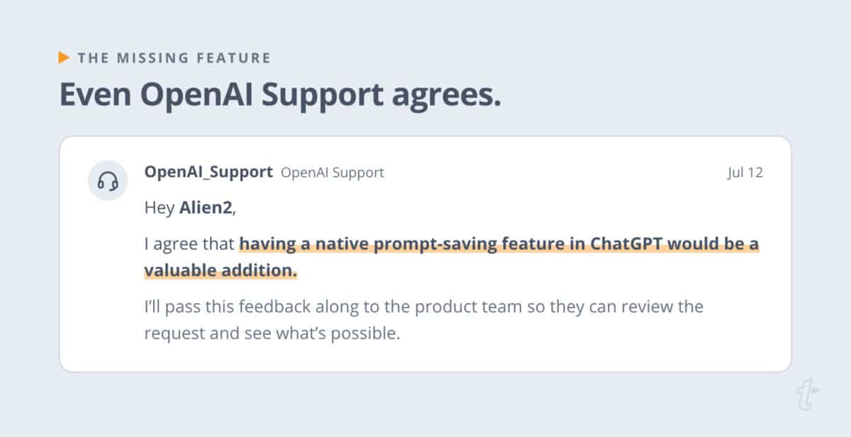 OpenAI Support reply agreeing that a native prompt-saving feature in ChatGPT would be a valuable addition.
