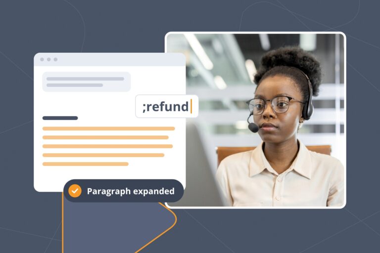 Person at a laptop typing the ;refund Snippet, which expands into a full refund policy paragraph in a support reply.