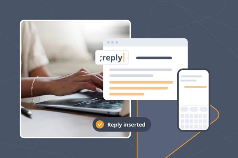 Laptop email beside a phone showing predictive text suggestions, while the ;reply Snippet inserts a full saved reply.