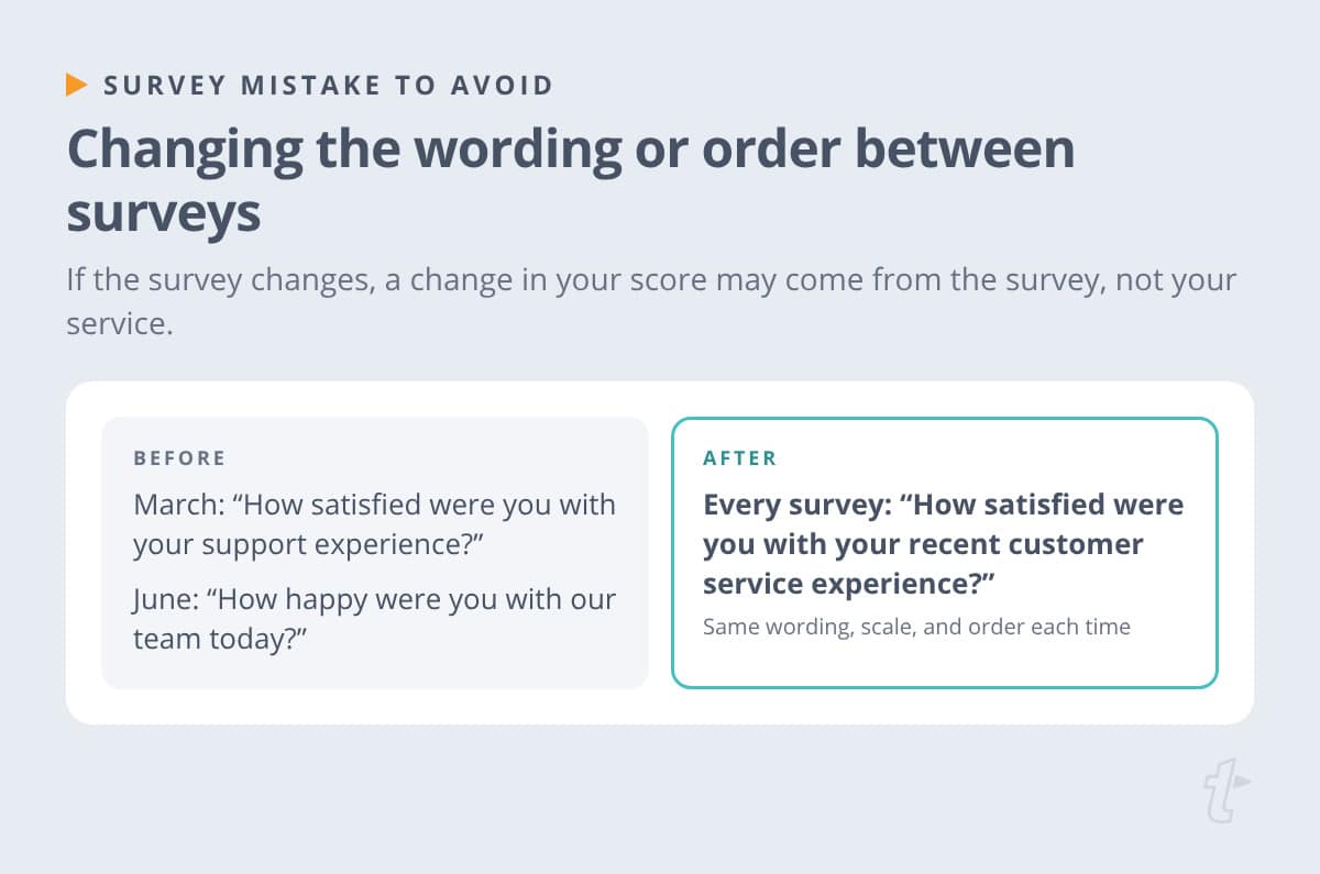 Before-and-after example replacing survey wording that changed between months with the same question every time