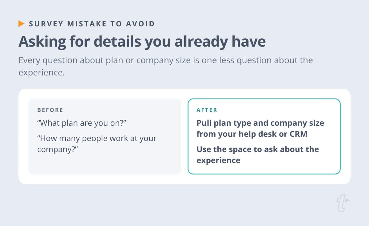 Before-and-after example removing plan and company size questions that can come from a help desk or CRM