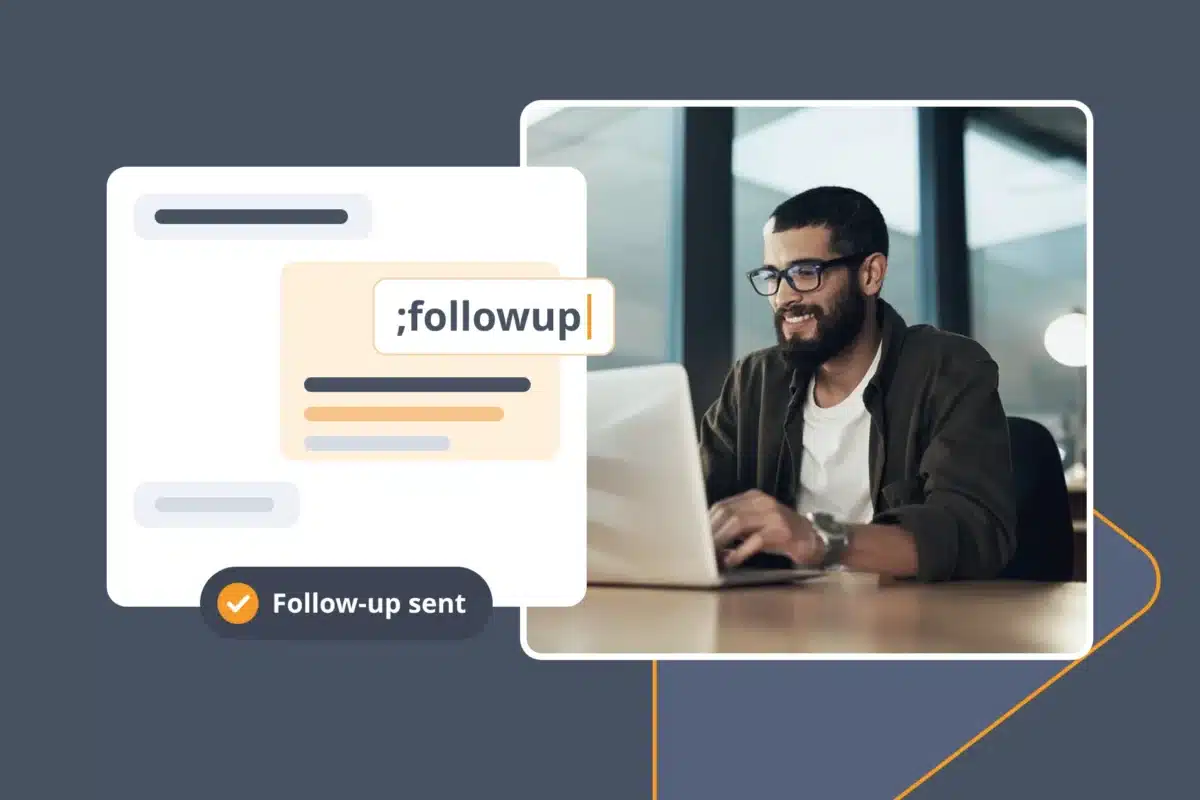Sales rep at a laptop replying to a buyer’s message using the ;followup snippet with TextExpander