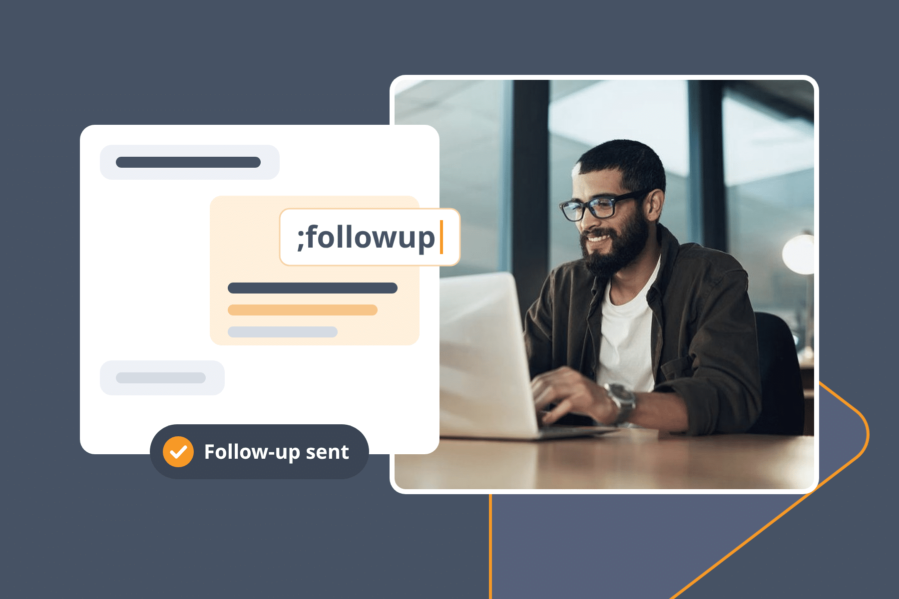 Sales rep at a laptop replying to a buyer’s message using the ;followup snippet with TextExpander