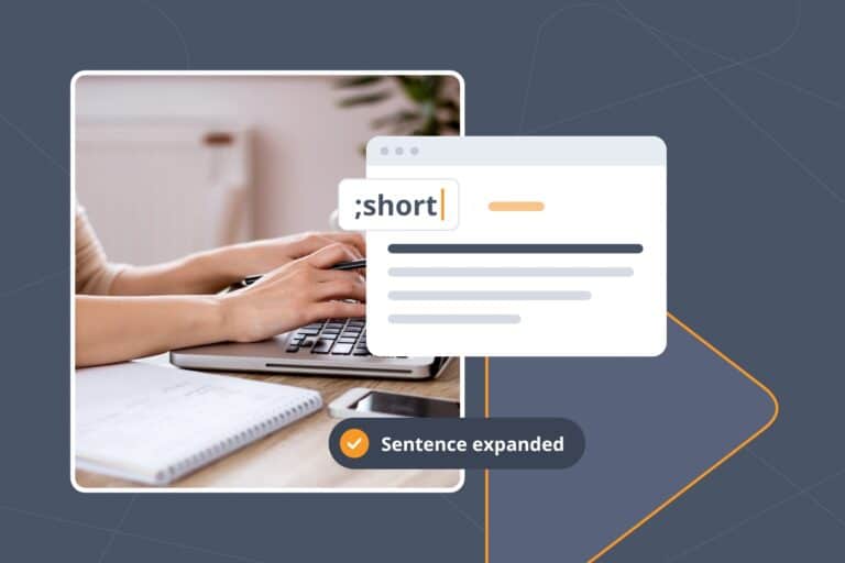Hands typing on a laptop beside a notepad as a short abbreviation expands into a full sentence with shorthand typing.