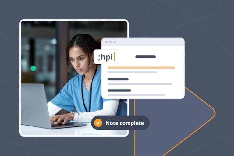Nurse typing at a laptop beside a structured note template, comparing SmartPhrase vs SmartText with the ;hpi Snippet.
