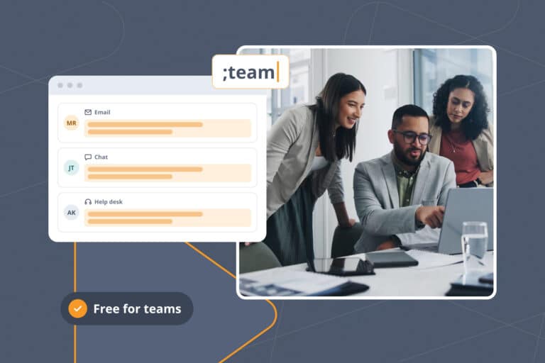 Three teammates’ email, chat, and help desk replies filled with the same approved Snippet, beside a team at a laptop and a Free for teams pill