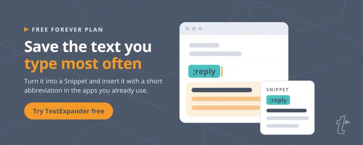Banner showing an email where a TextExpander abbreviation expands into a full reply, with a button to try TextExpander free