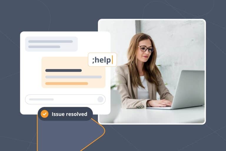 What is customer service in practice: a rep at a laptop answers a support chat with the ;help Snippet.